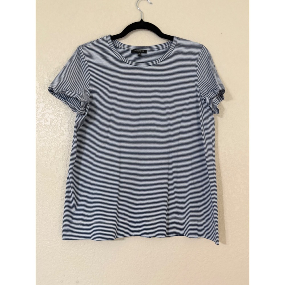 Lafayette 148 New York Blue White Striped Cotton Short Sleeve Tee Shirt Medium
